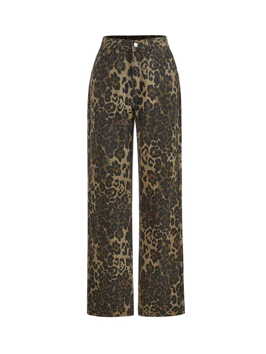 Womens Front Button Pocket Leopard Print Simple Casual Denim Jeans