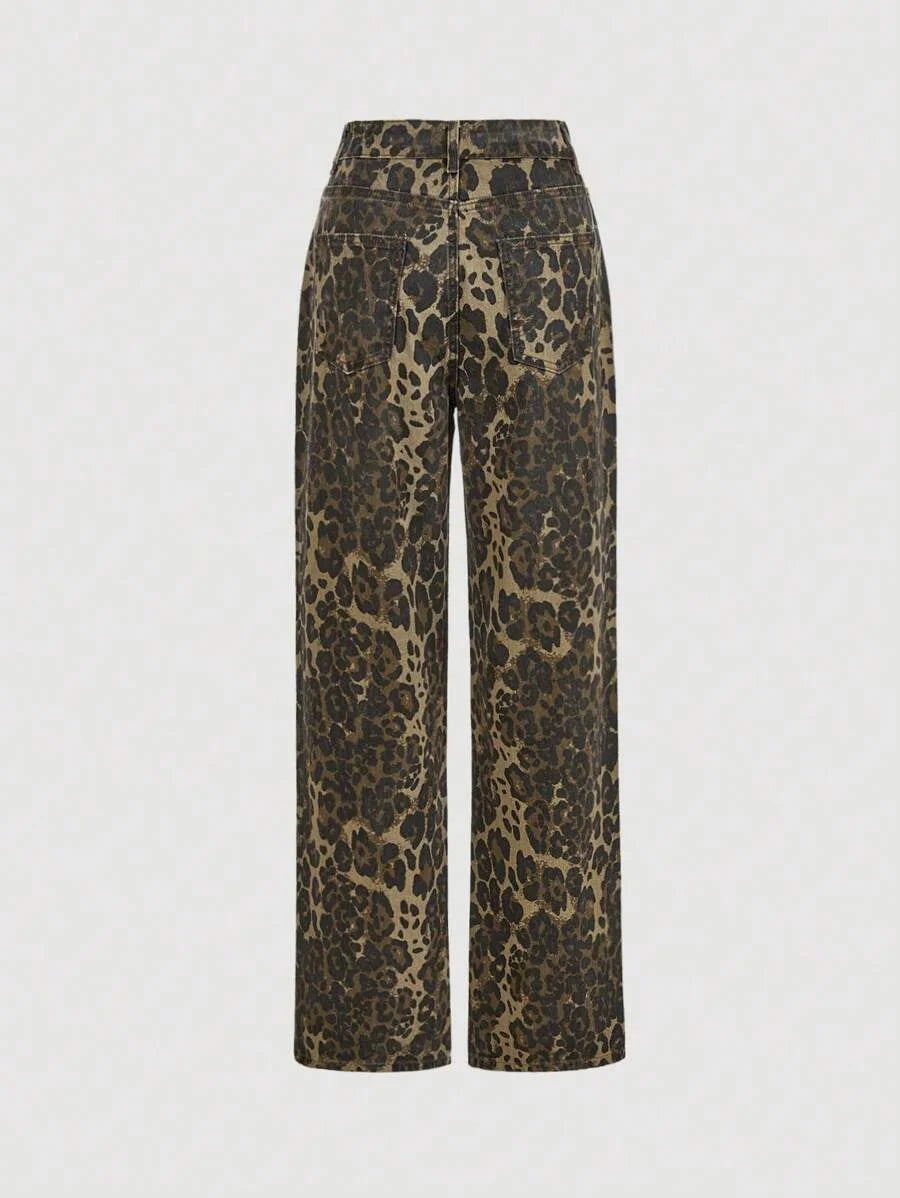 Womens Front Button Pocket Leopard Print Simple Casual Denim Jeans