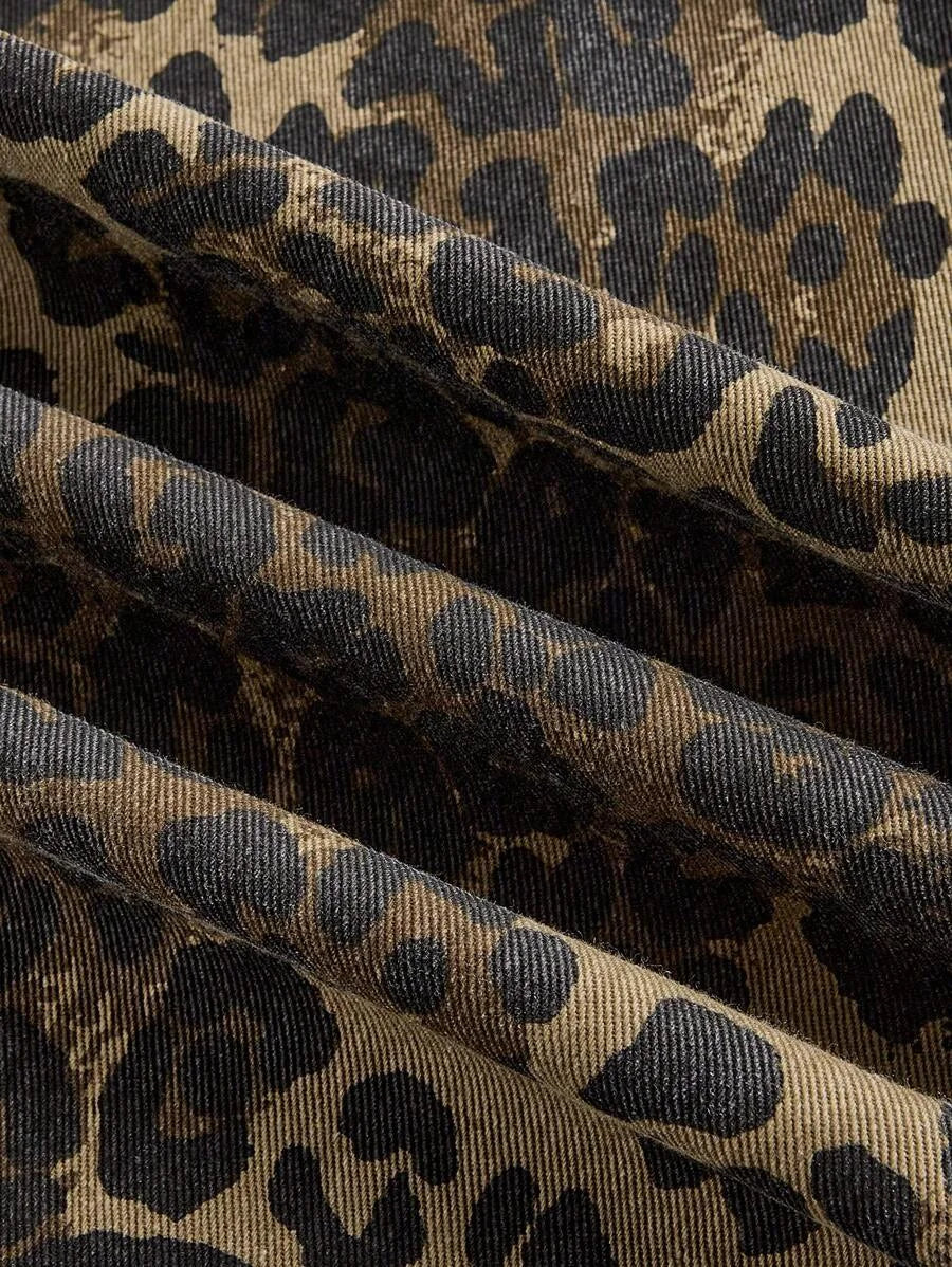 Womens Front Button Pocket Leopard Print Simple Casual Denim Jeans