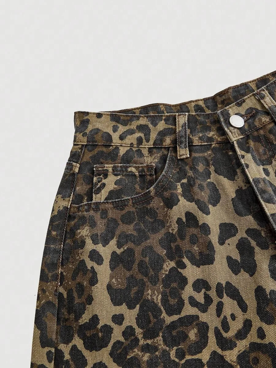 Womens Front Button Pocket Leopard Print Simple Casual Denim Jeans