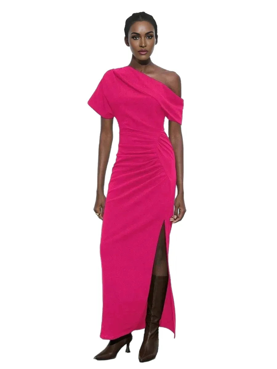 Womens Fuchsia Pink Versatile SpringSummer Dress Asymmetric Neck Ruffled High Split Fitted Knit