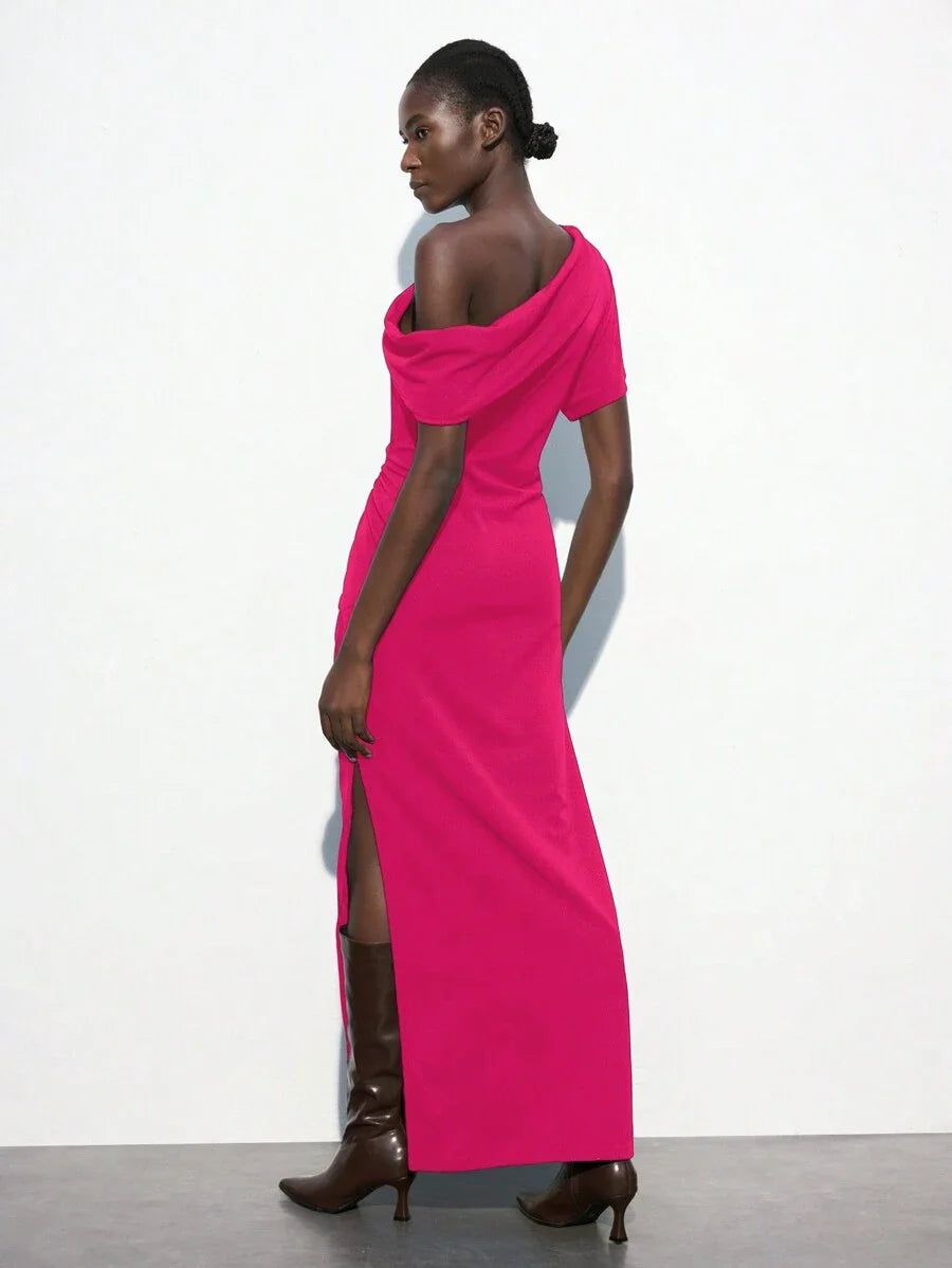 Womens Fuchsia Pink Versatile SpringSummer Dress Asymmetric Neck Ruffled High Split Fitted Knit