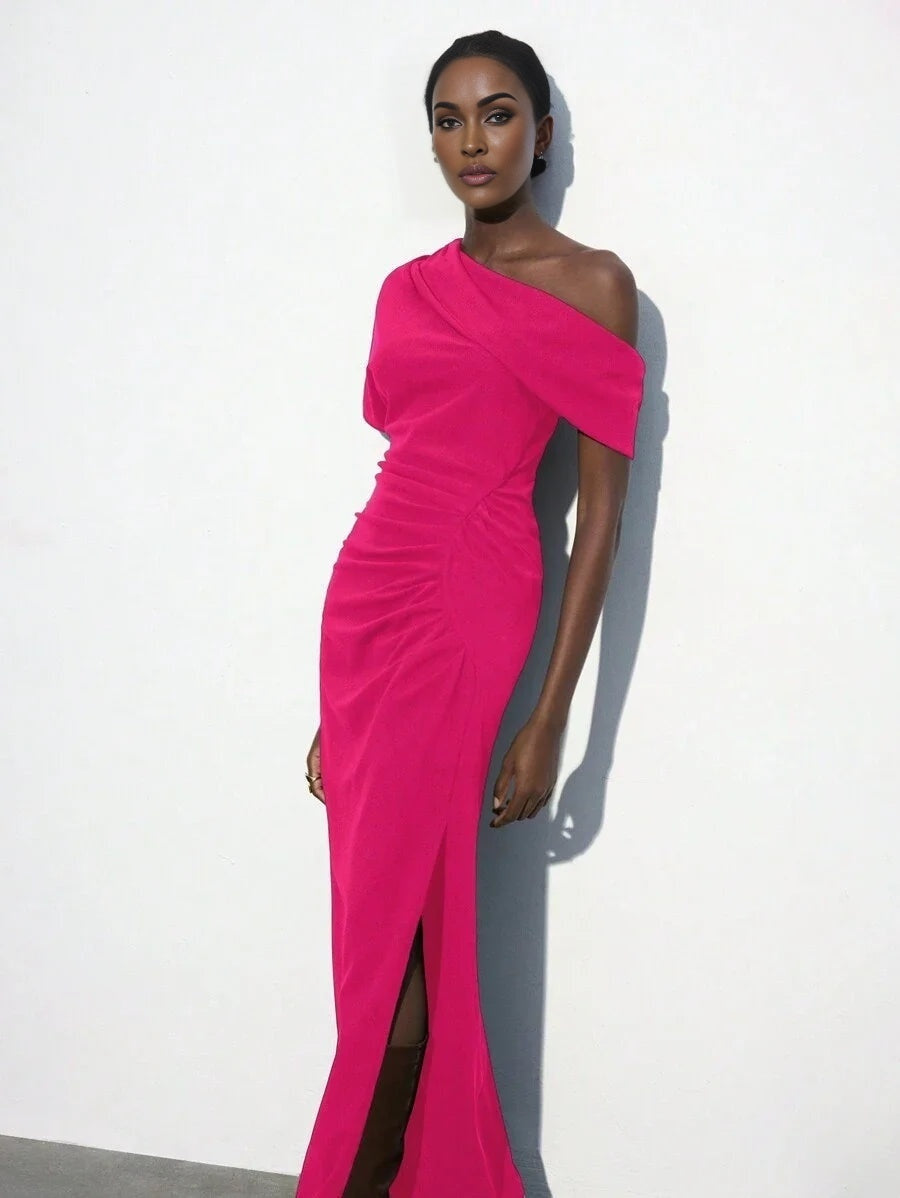 Womens Fuchsia Pink Versatile SpringSummer Dress Asymmetric Neck Ruffled High Split Fitted Knit