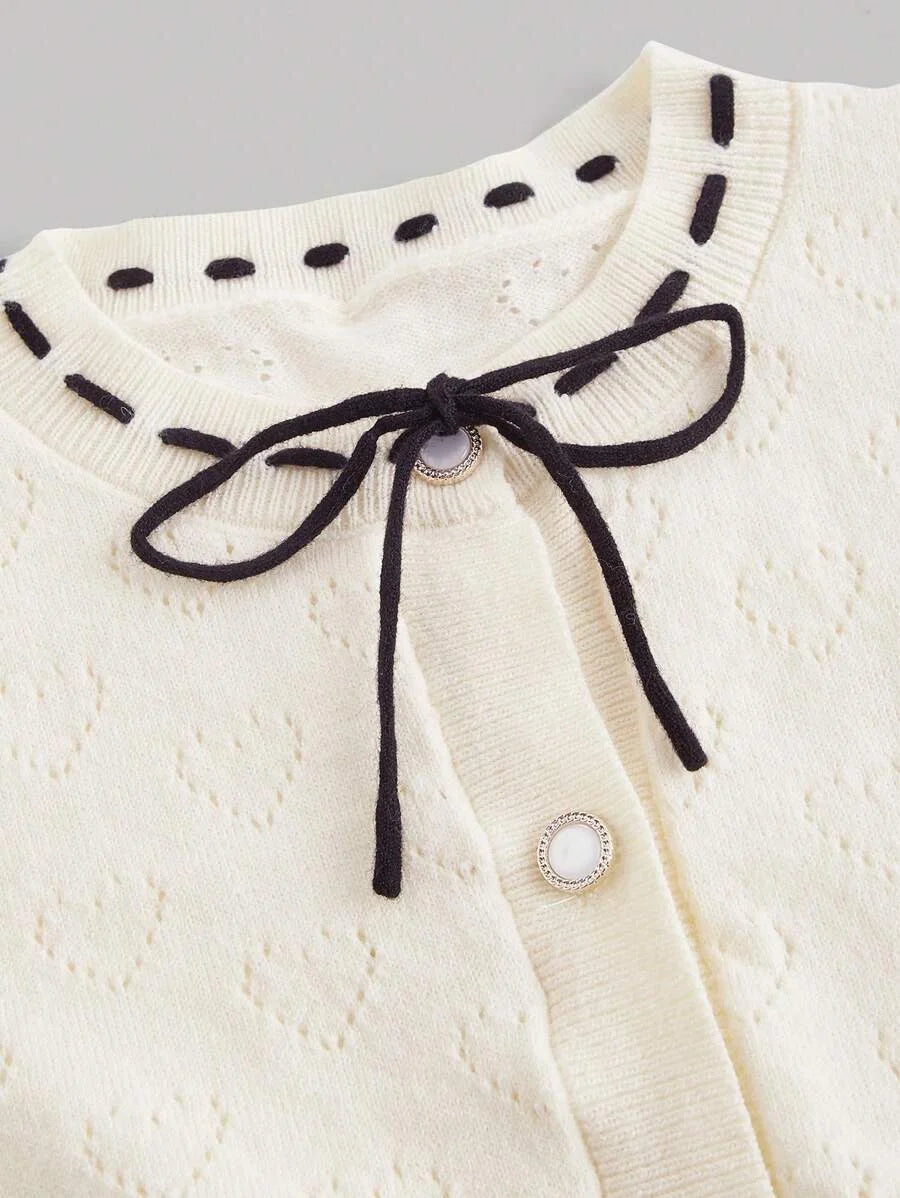 Womens Heart Pattern BowTie Fastening Apricot Knitted Cardigan Short Puff Sleeve Back To School