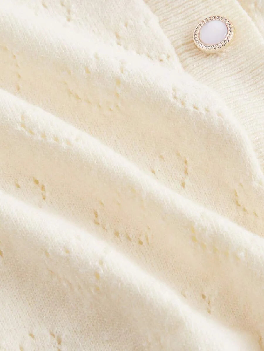 Womens Heart Pattern BowTie Fastening Apricot Knitted Cardigan Short Puff Sleeve Back To School
