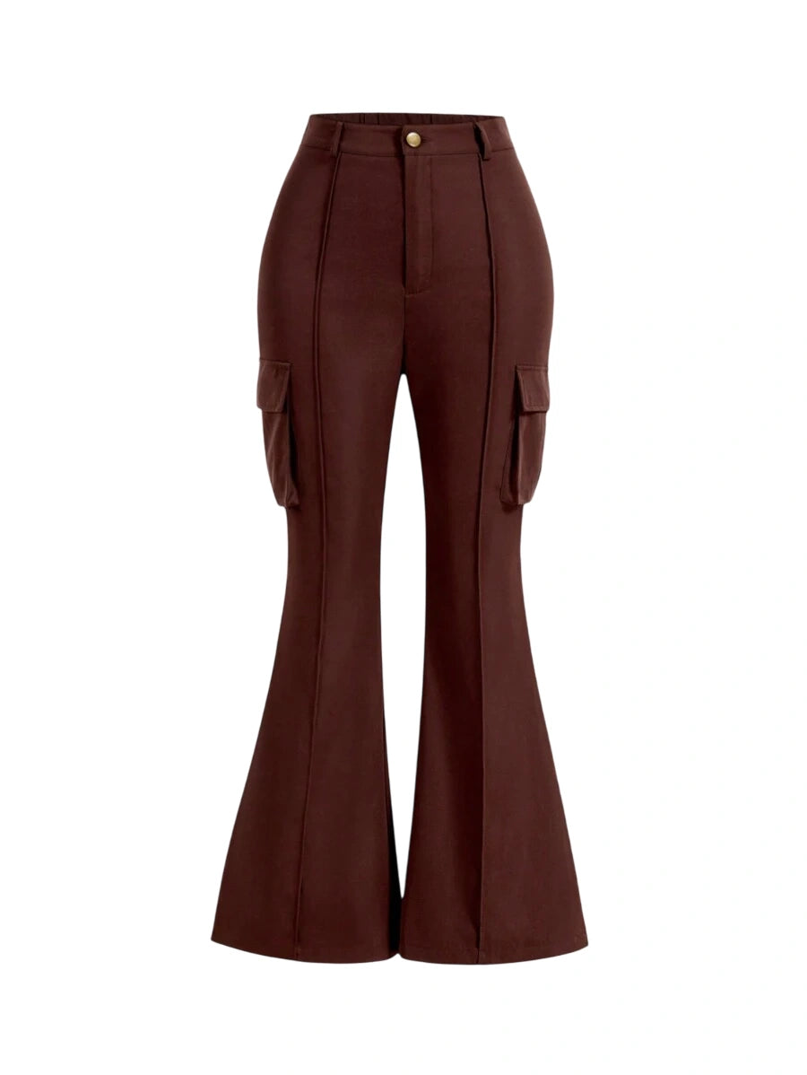 Womens High Waist Side Cargo Pockets Brown Flare Leggings Daily Pants Streetwear PantsFlare Leggings