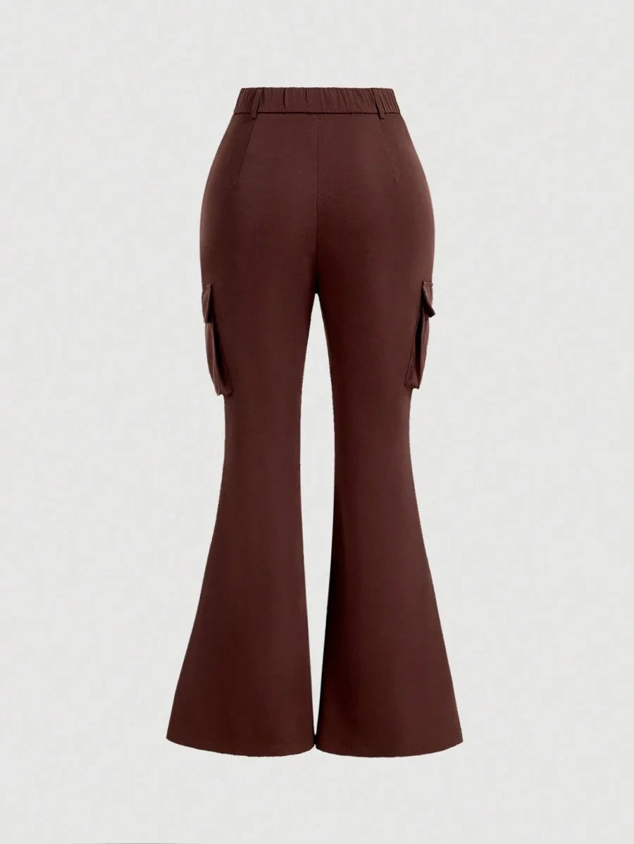 Womens High Waist Side Cargo Pockets Brown Flare Leggings Daily Pants Streetwear PantsFlare Leggings