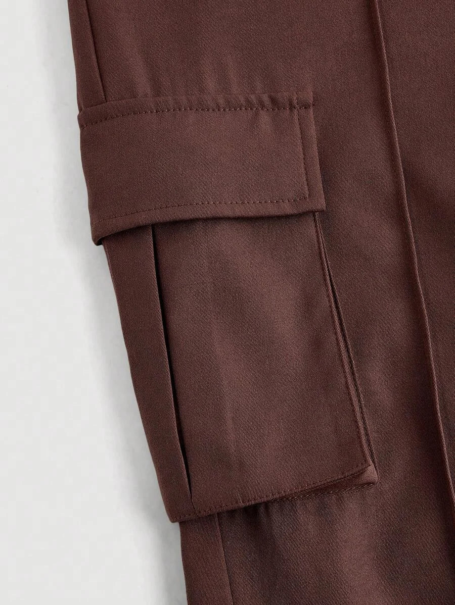 Womens High Waist Side Cargo Pockets Brown Flare Leggings Daily Pants Streetwear PantsFlare Leggings