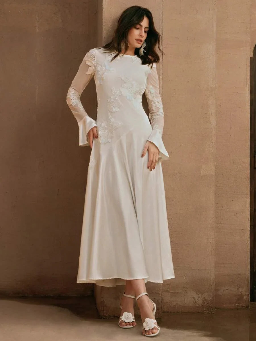 Womens Jacquard Flared Sleeve Elegant Textured Patchwork Dress