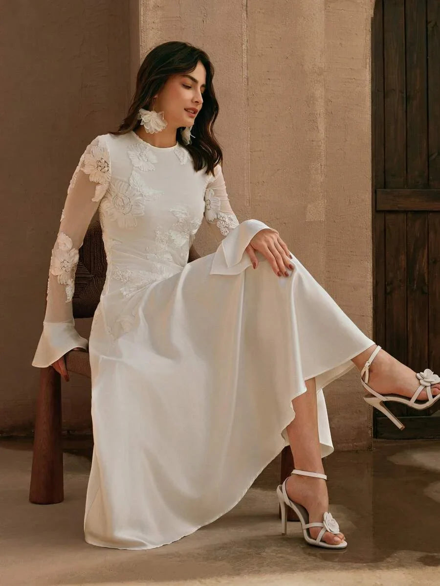 Womens Jacquard Flared Sleeve Elegant Textured Patchwork Dress