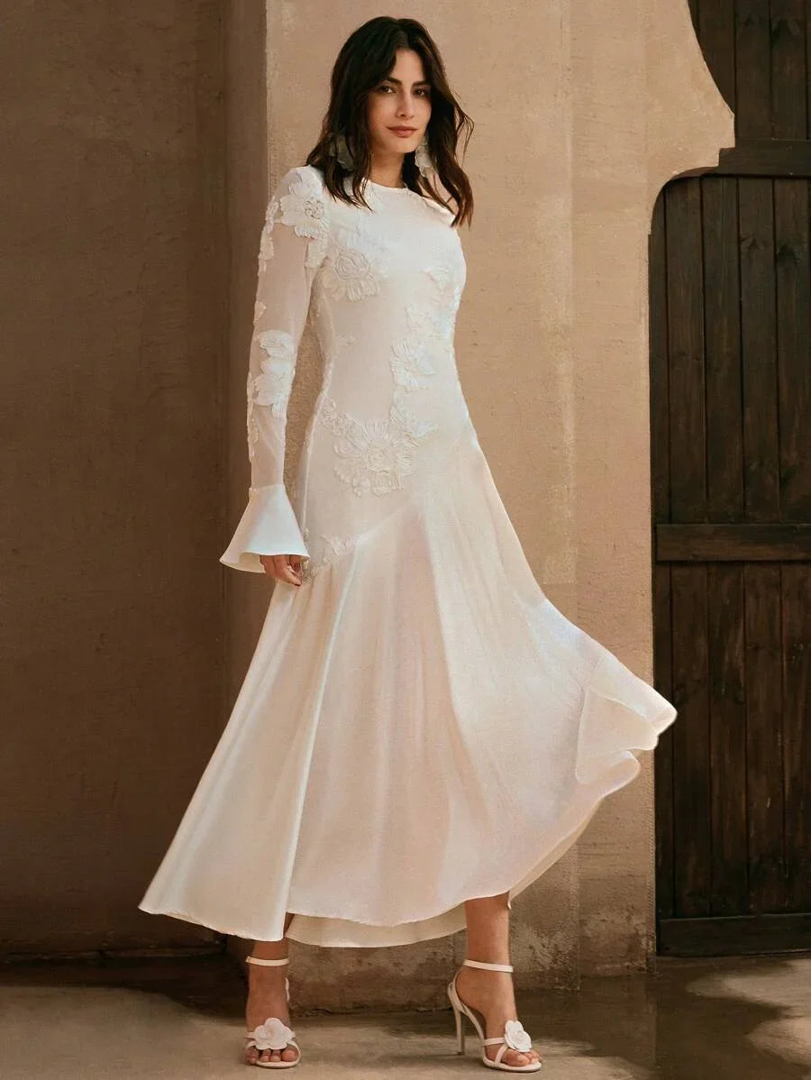 Womens Jacquard Flared Sleeve Elegant Textured Patchwork Dress
