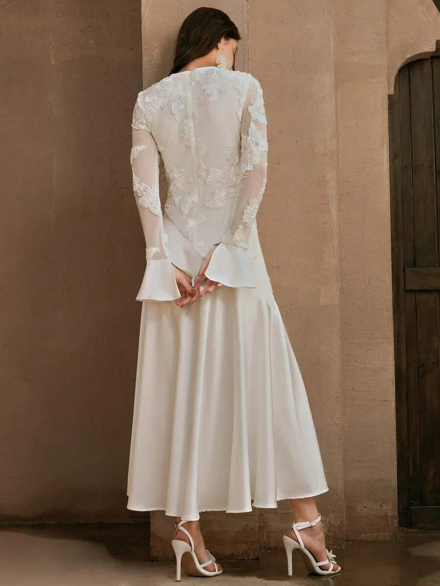 Womens Jacquard Flared Sleeve Elegant Textured Patchwork Dress