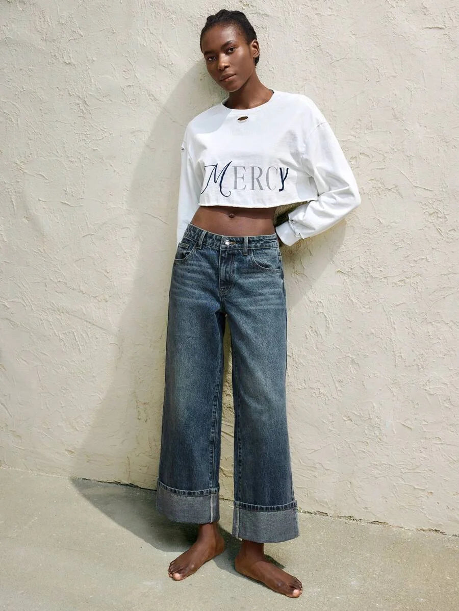 Womens Jeans Retro Gray Blue Straight Leg Ninth Pants TurnDown Cuffs Casual And Versatile