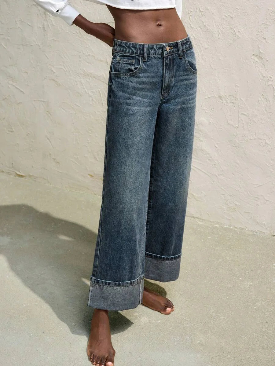 Womens Jeans Retro Gray Blue Straight Leg Ninth Pants TurnDown Cuffs Casual And Versatile