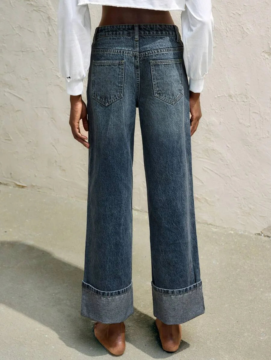 Womens Jeans Retro Gray Blue Straight Leg Ninth Pants TurnDown Cuffs Casual And Versatile