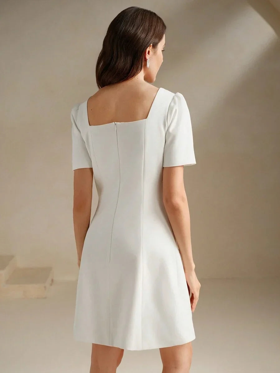 Womens Korean Elegant Floral Decor Square Neck Slip Dress Figure Flattering Sparkle