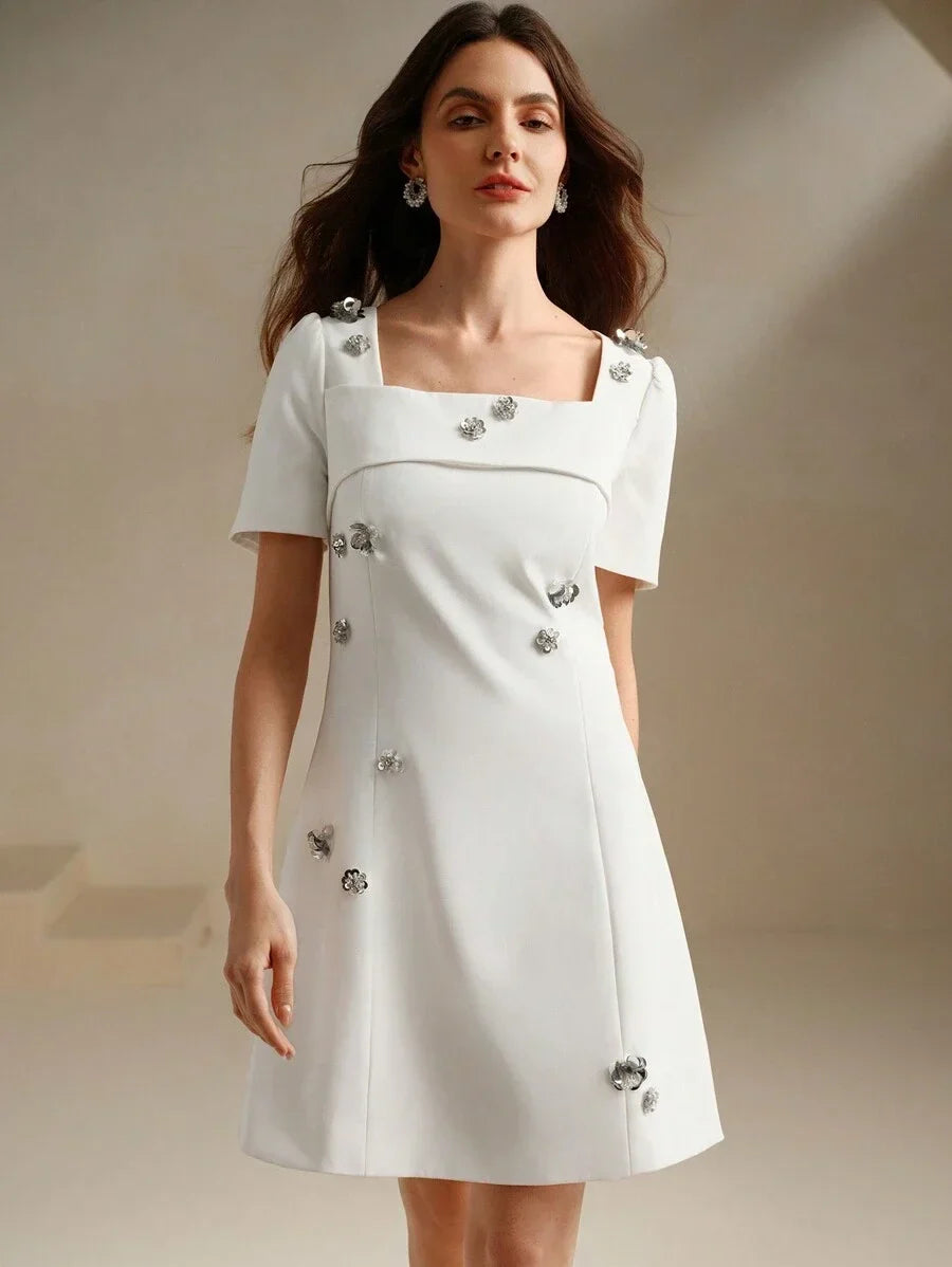Womens Korean Elegant Floral Decor Square Neck Slip Dress Figure Flattering Sparkle
