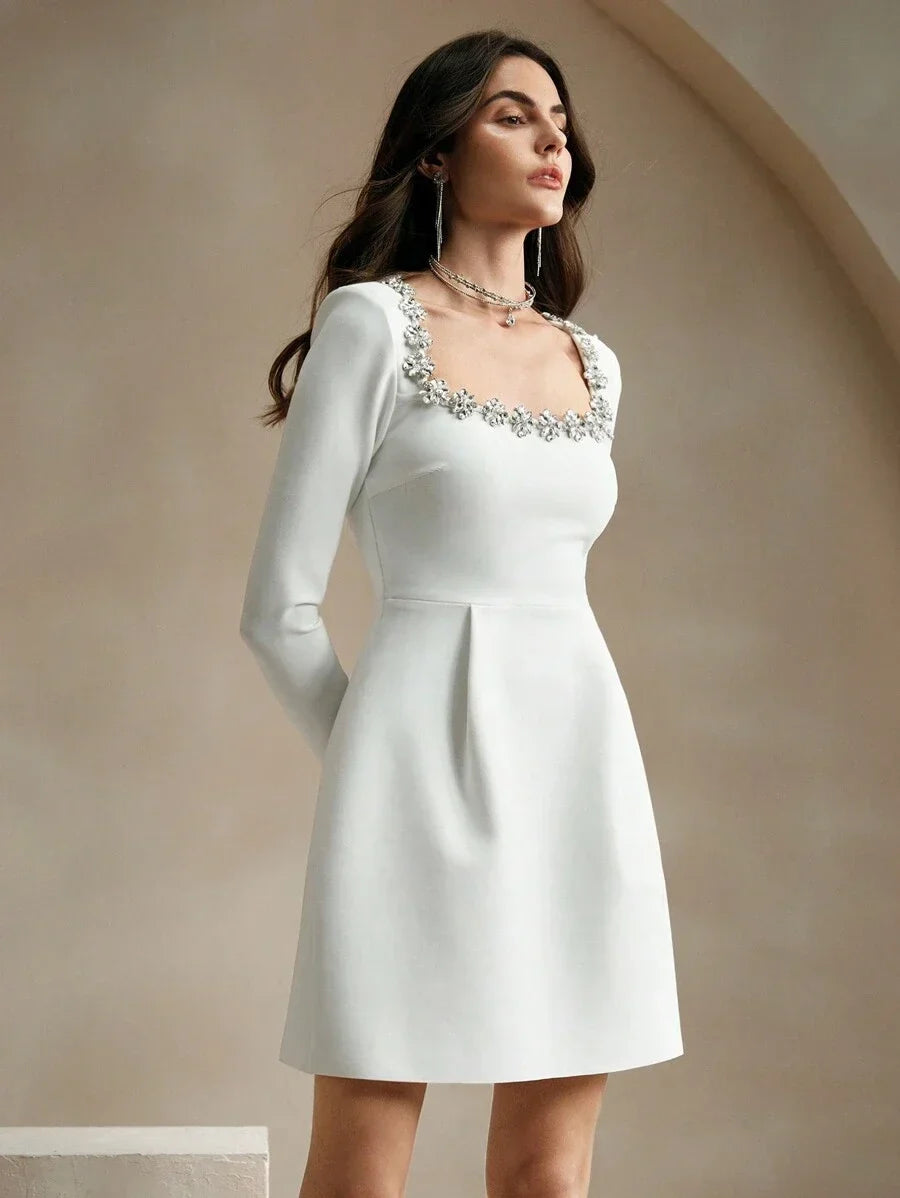 Womens Korean Elegant Floral Decor Square Neck Slip Dress Figure Flattering Sparkle