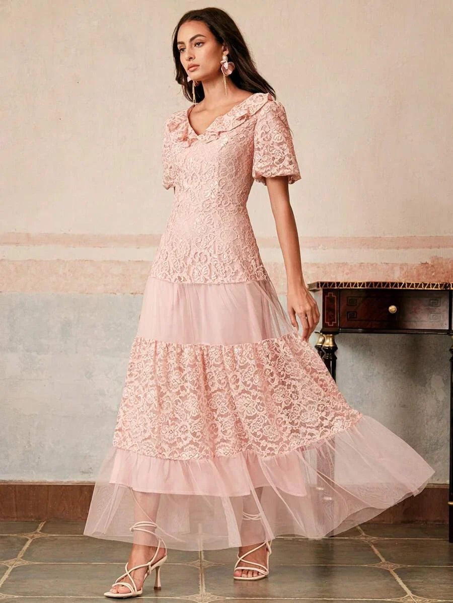 Womens Lace amp Mesh Patchwork Dress Long Gown For Party Spring Break