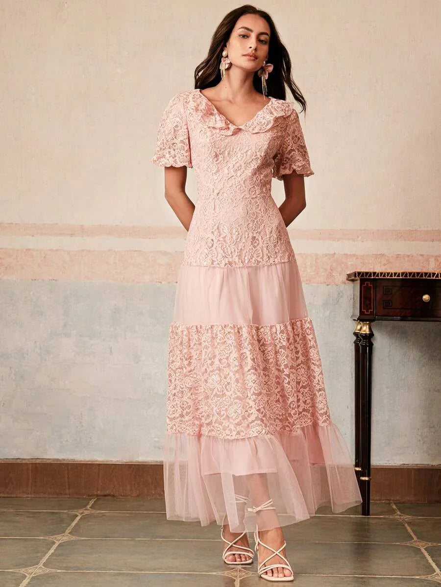 Womens Lace amp Mesh Patchwork Dress Long Gown For Party Spring Break