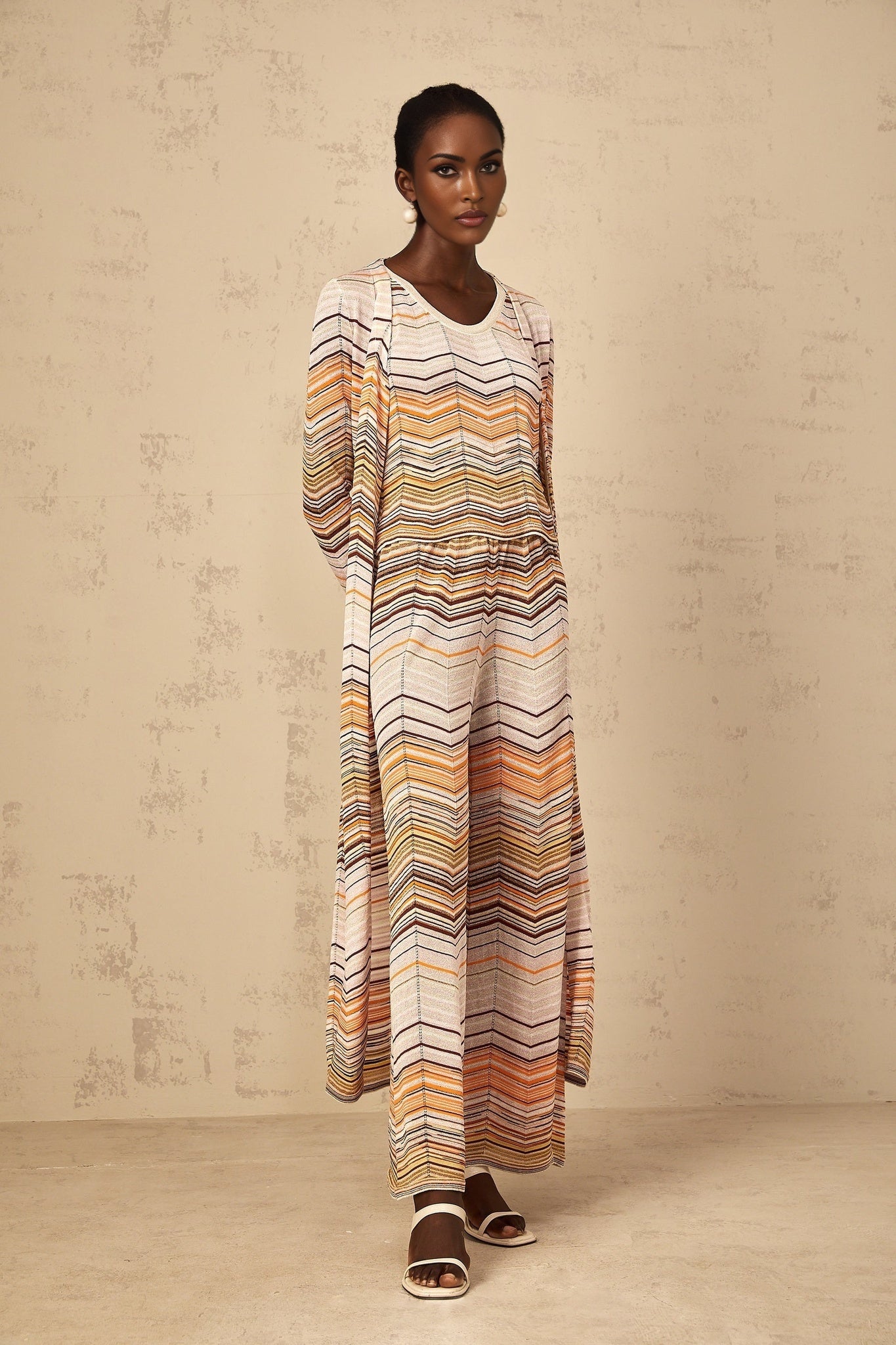 Womens long cardigan in neutral tones with striped knit pattern by Chloe