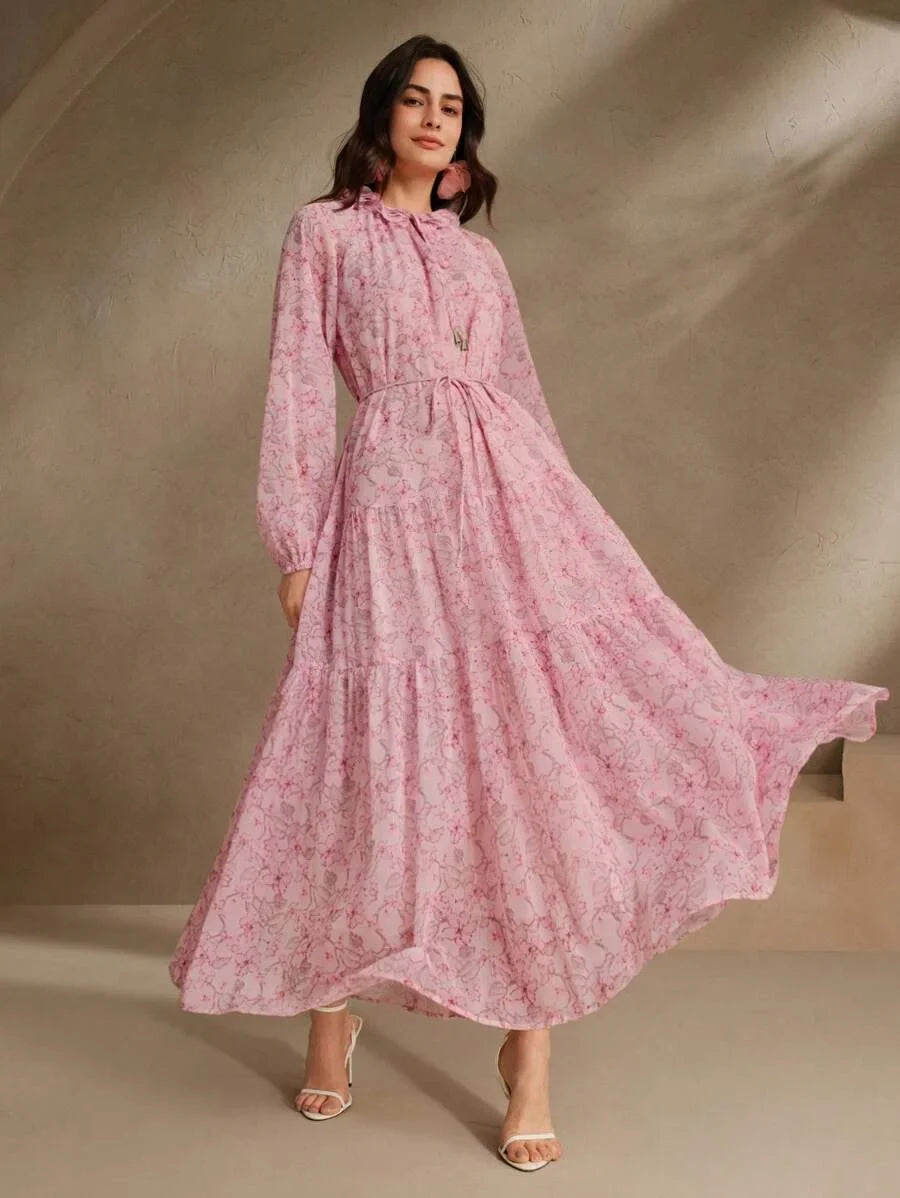 Womens Long Floral Print Dress With Floral Applique Collar Long Sleeves Waist Gathering Casual And
