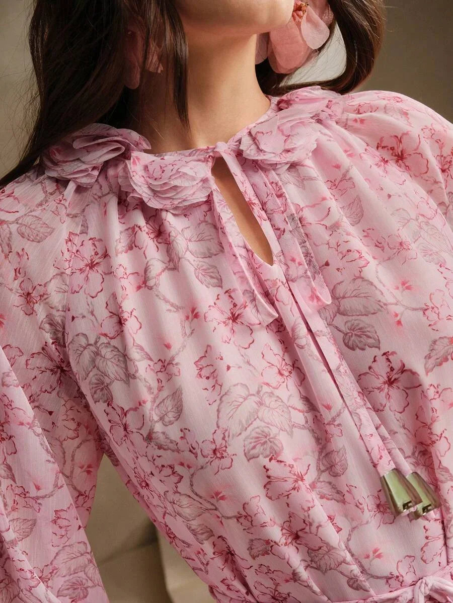 Womens Long Floral Print Dress With Floral Applique Collar Long Sleeves Waist Gathering Casual And