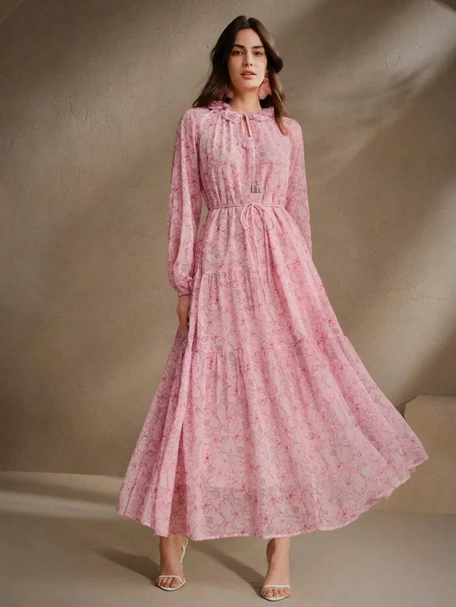 Womens Long Floral Print Dress With Floral Applique Collar Long Sleeves Waist Gathering Casual And
