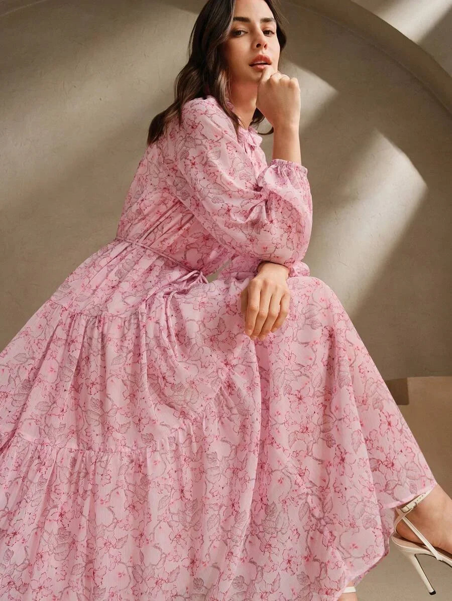 Womens Long Floral Print Dress With Floral Applique Collar Long Sleeves Waist Gathering Casual And