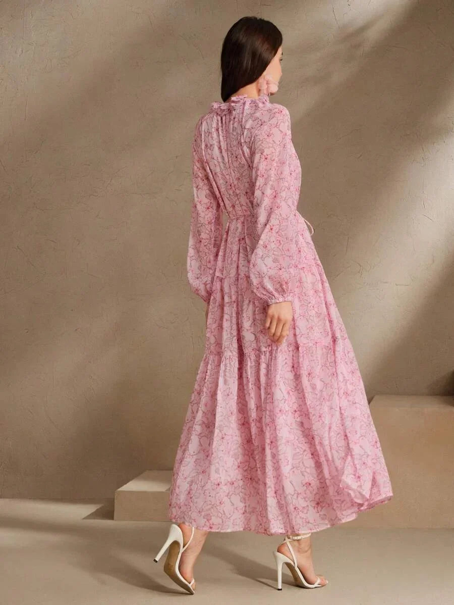 Womens Long Floral Print Dress With Floral Applique Collar Long Sleeves Waist Gathering Casual And