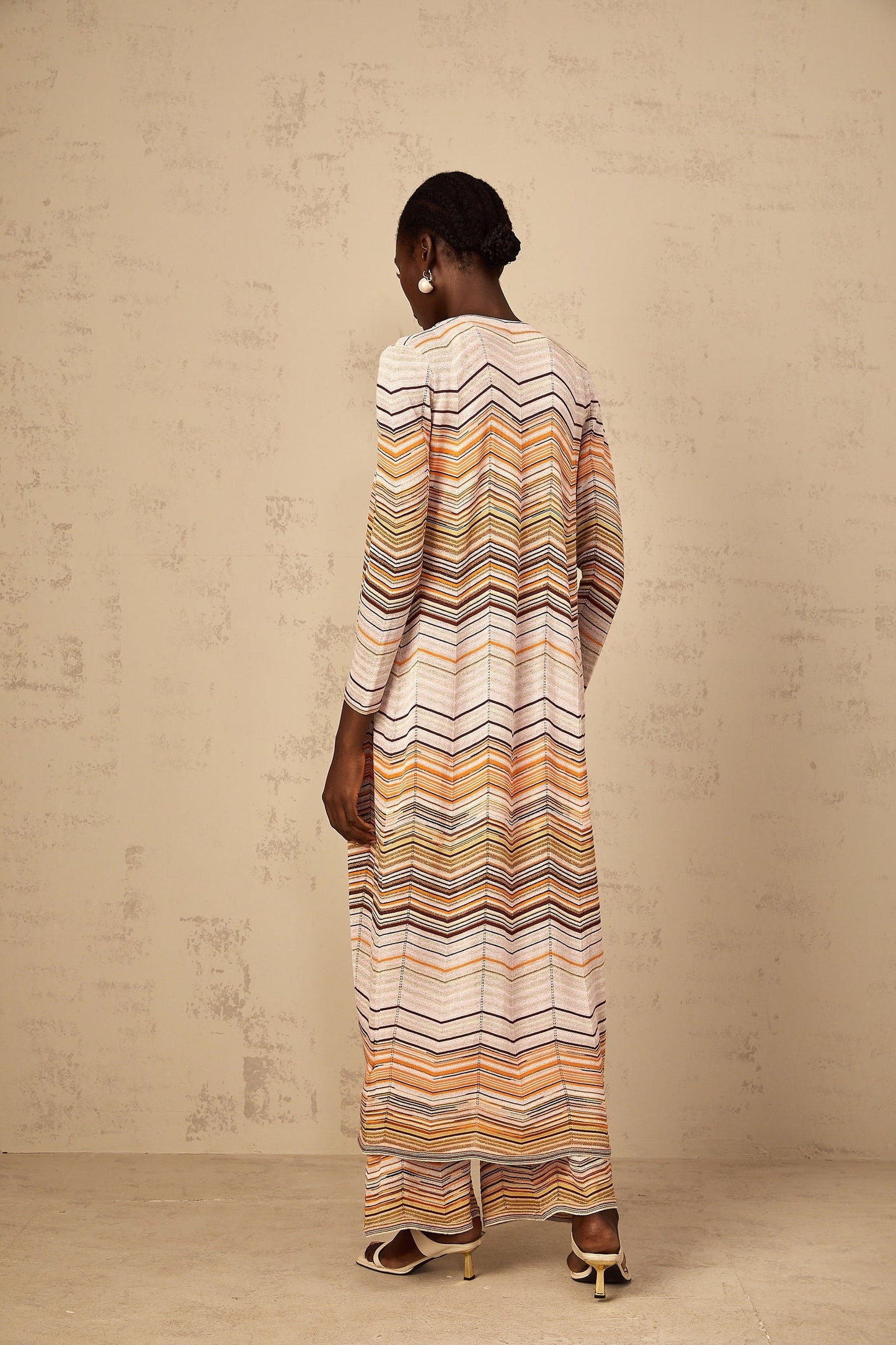 Womens long knit cardigan in neutral tones with vertical stripes from Chloe