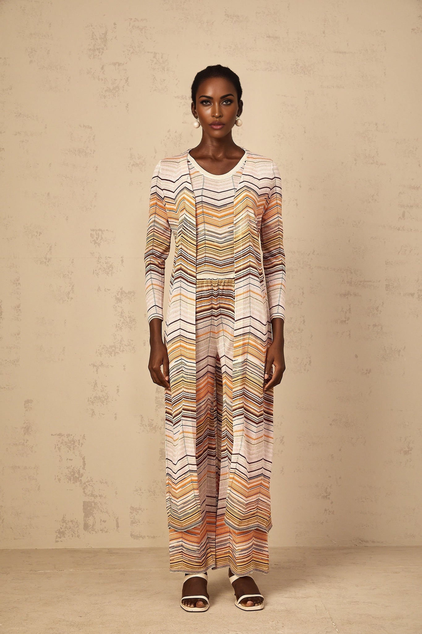 Womens long neutral striped knit cardigan by Chloe