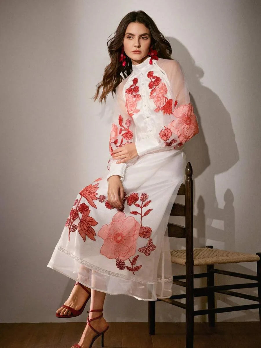 Womens Long Sleeve Dress Floral Embroidery Patchwork Lace Trim Elegant Luxury Style Gown