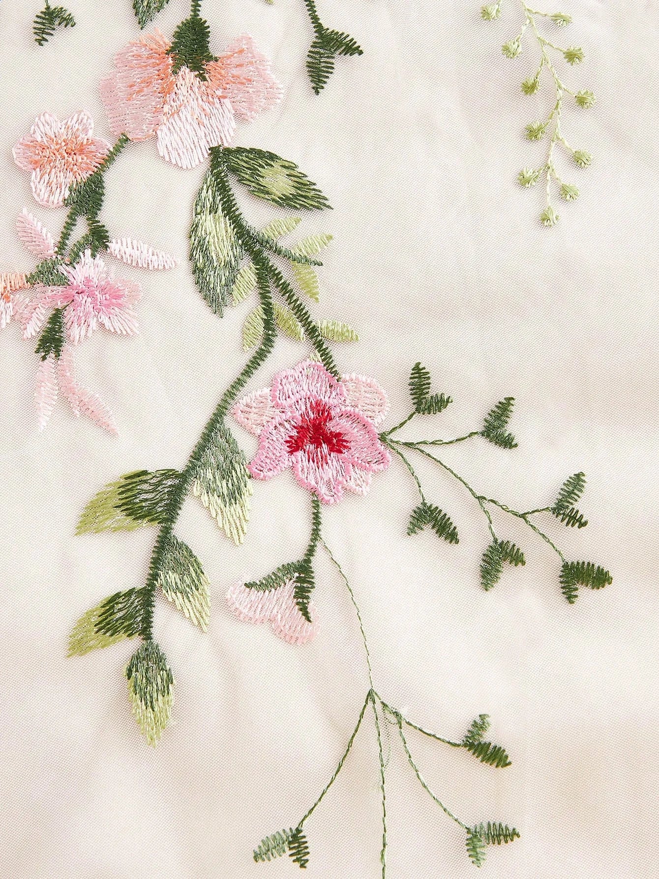 Womens Long Sleeve Floral Embroidery Mesh Loose Elegant Casual Dress Pink