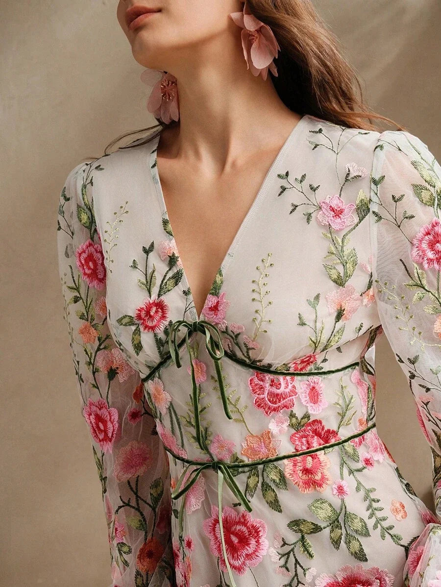 Womens Long Sleeve Floral Embroidery Mesh Loose Elegant Casual Dress Pink