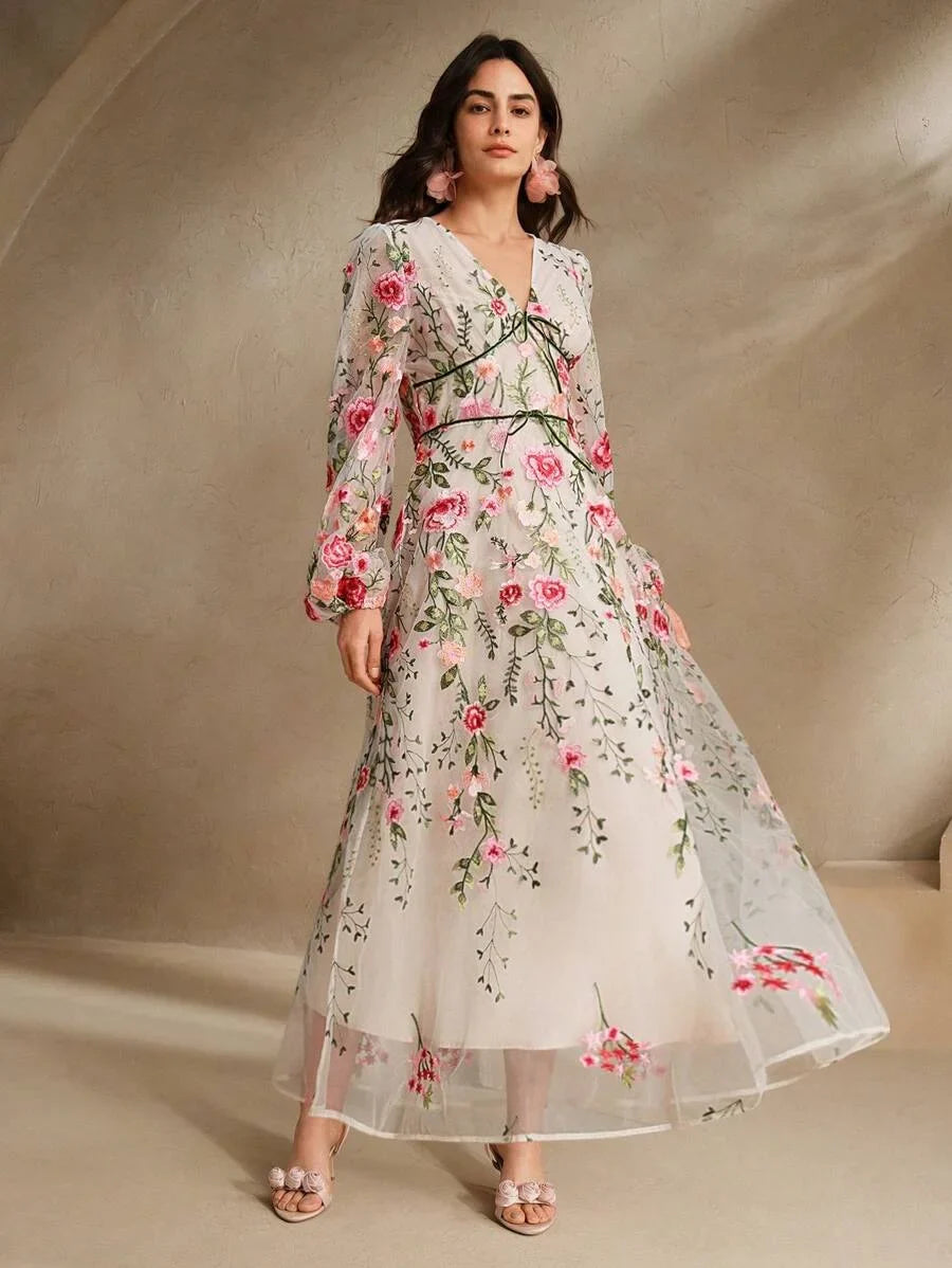 Womens Long Sleeve Floral Embroidery Mesh Loose Elegant Casual Dress Pink