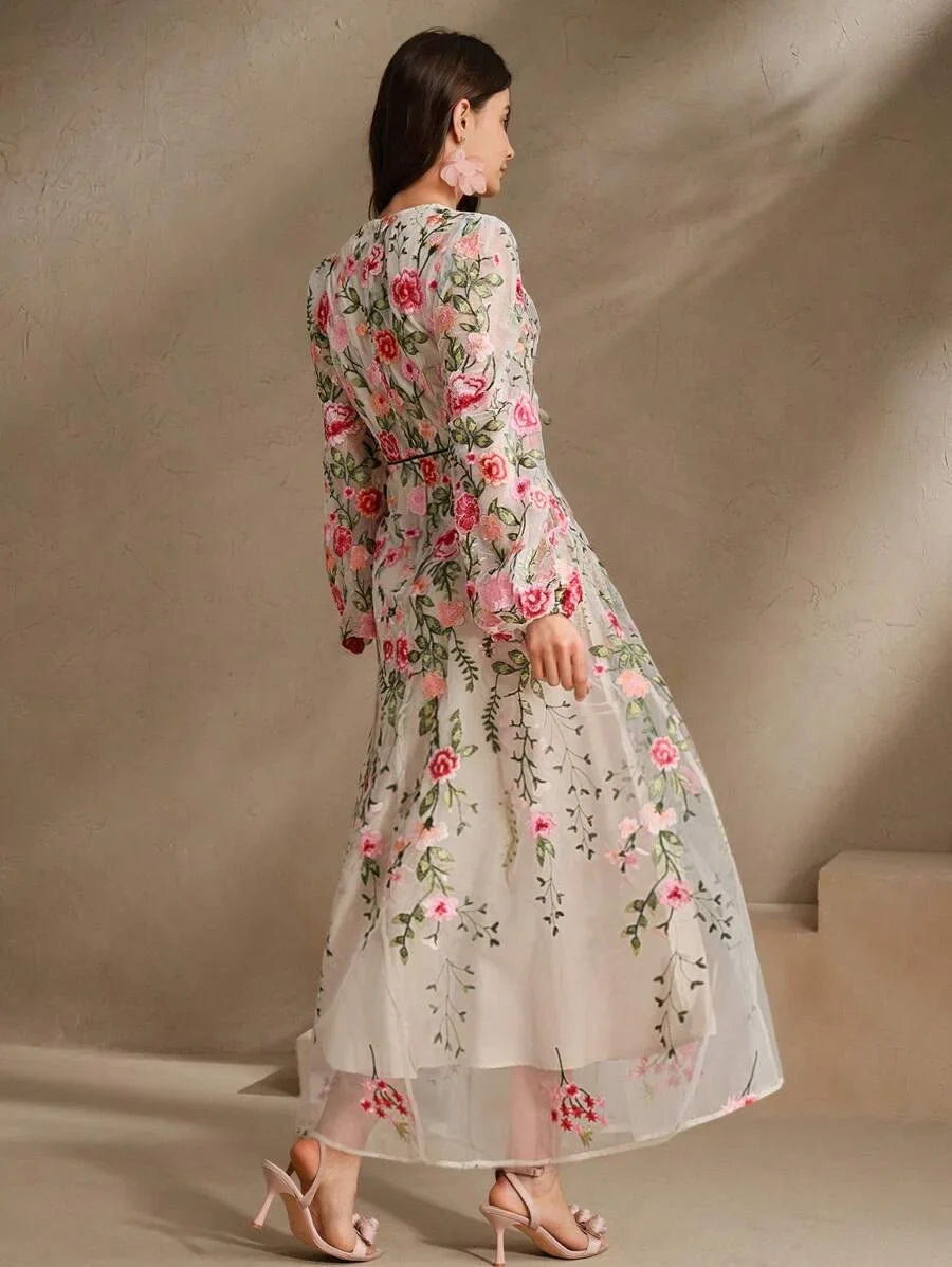 Womens Long Sleeve Floral Embroidery Mesh Loose Elegant Casual Dress Pink