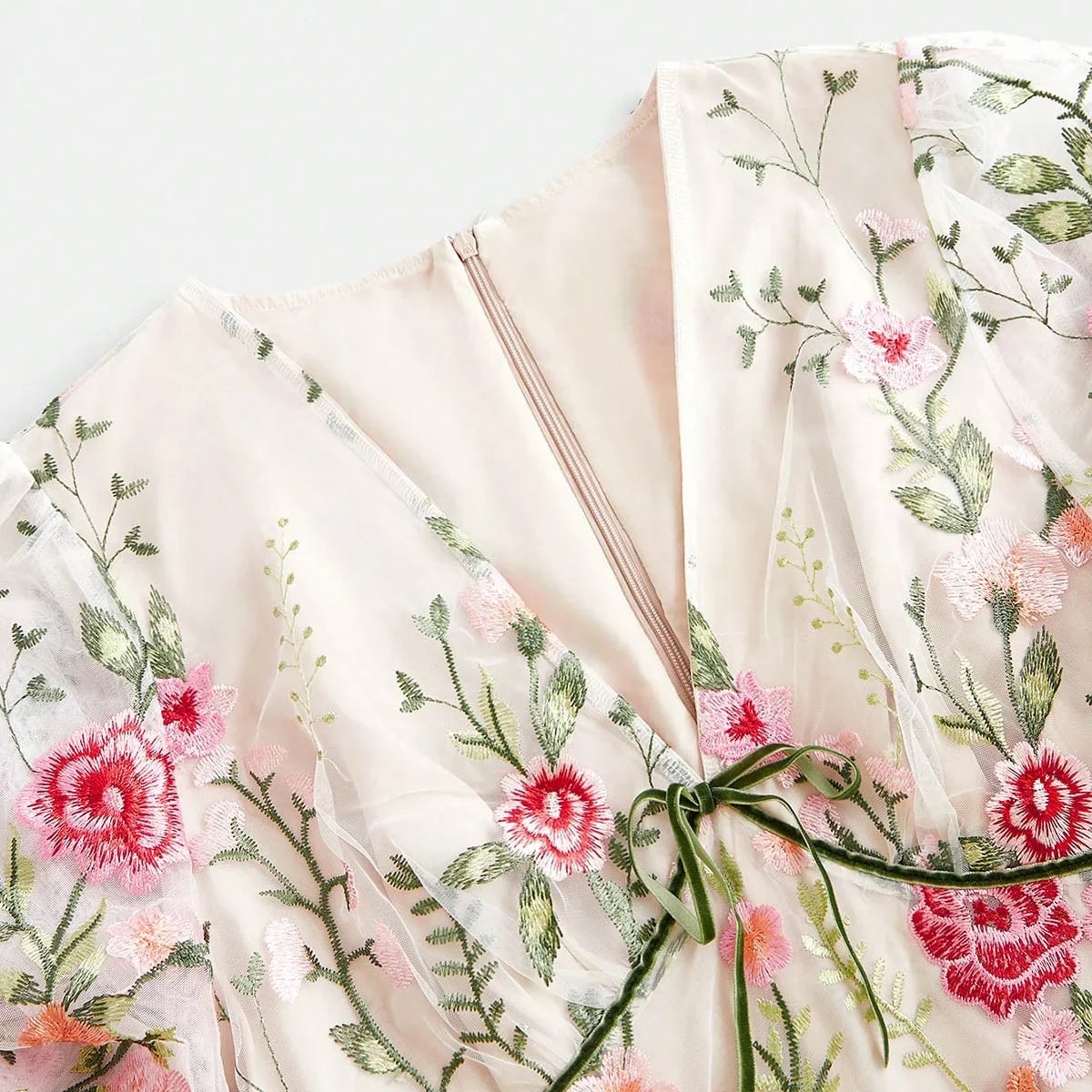 Womens Long Sleeve Floral Embroidery Mesh Loose Elegant Casual Dress Pink