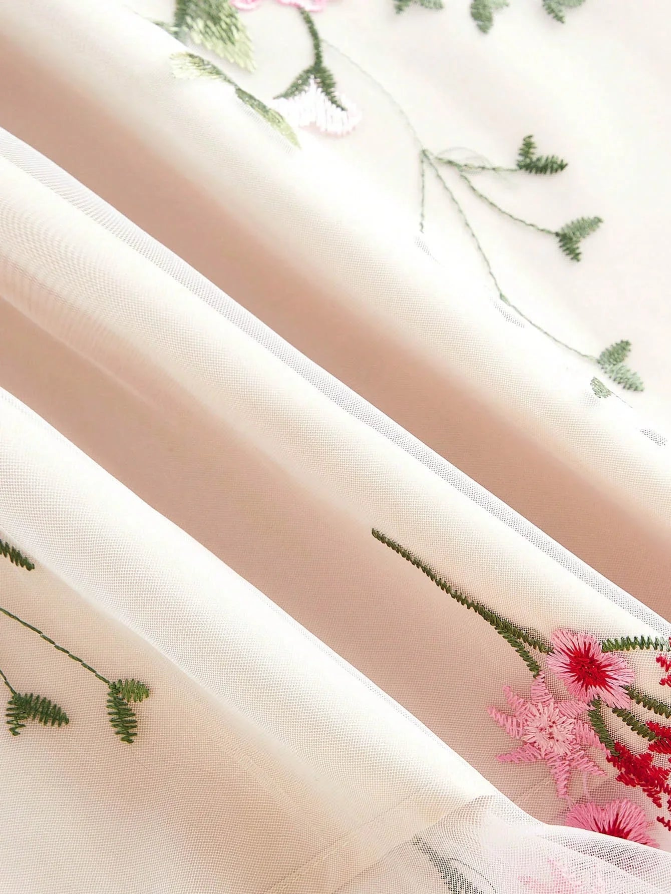 Womens Long Sleeve Floral Embroidery Mesh Loose Elegant Casual Dress Pink