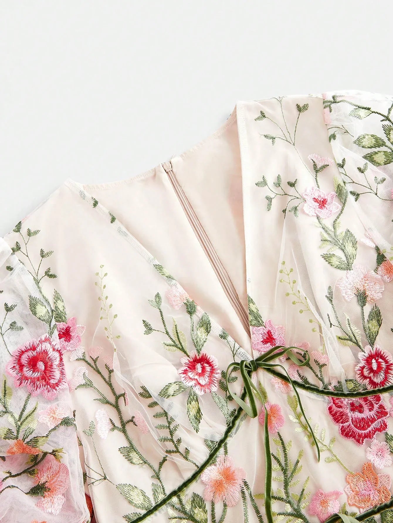 Womens Long Sleeve Floral Embroidery Mesh Loose Elegant Casual Dress Pink