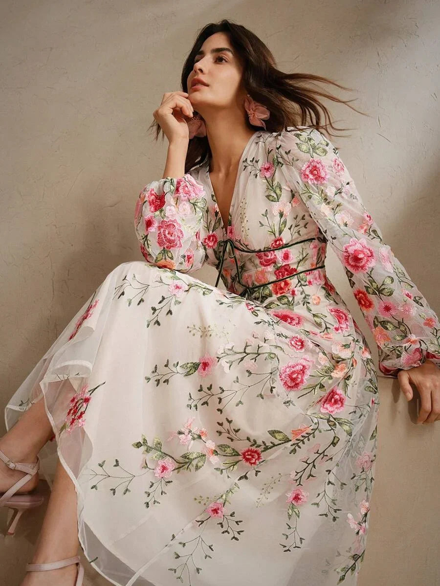Womens Long Sleeve Floral Embroidery Mesh Loose Elegant Casual Dress Pink