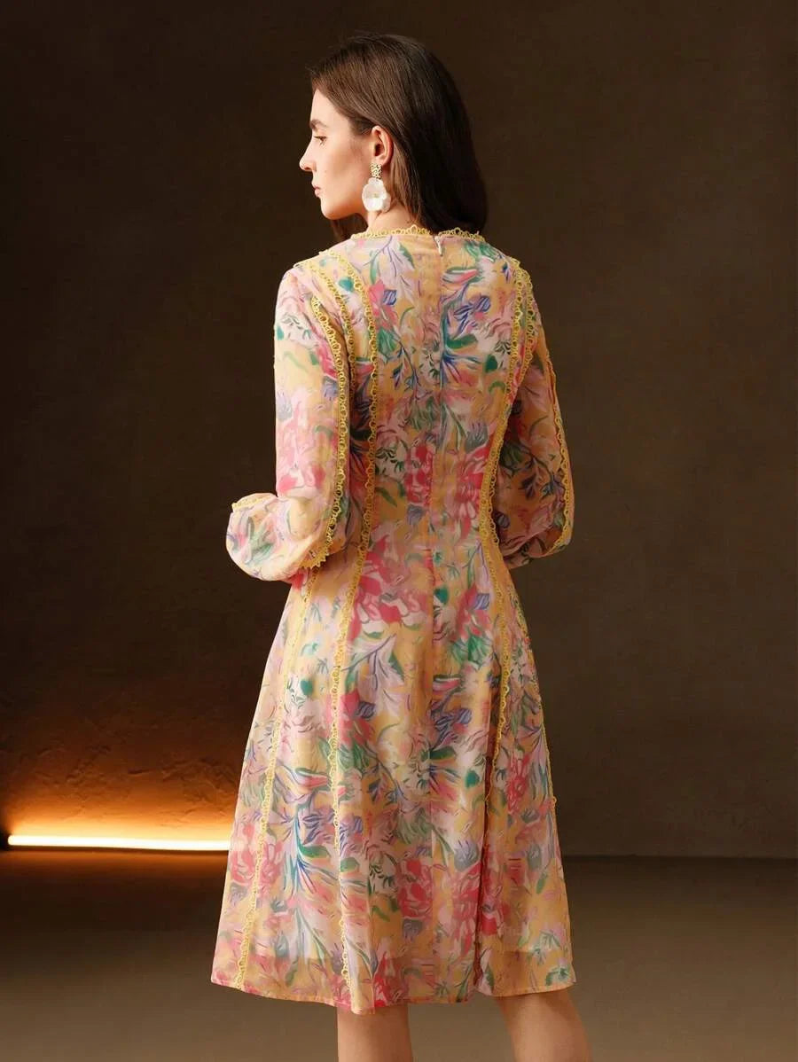 Womens Long Sleeve Floral Print VNeck Elegant Yellow Dress Spring Outfits For Women
