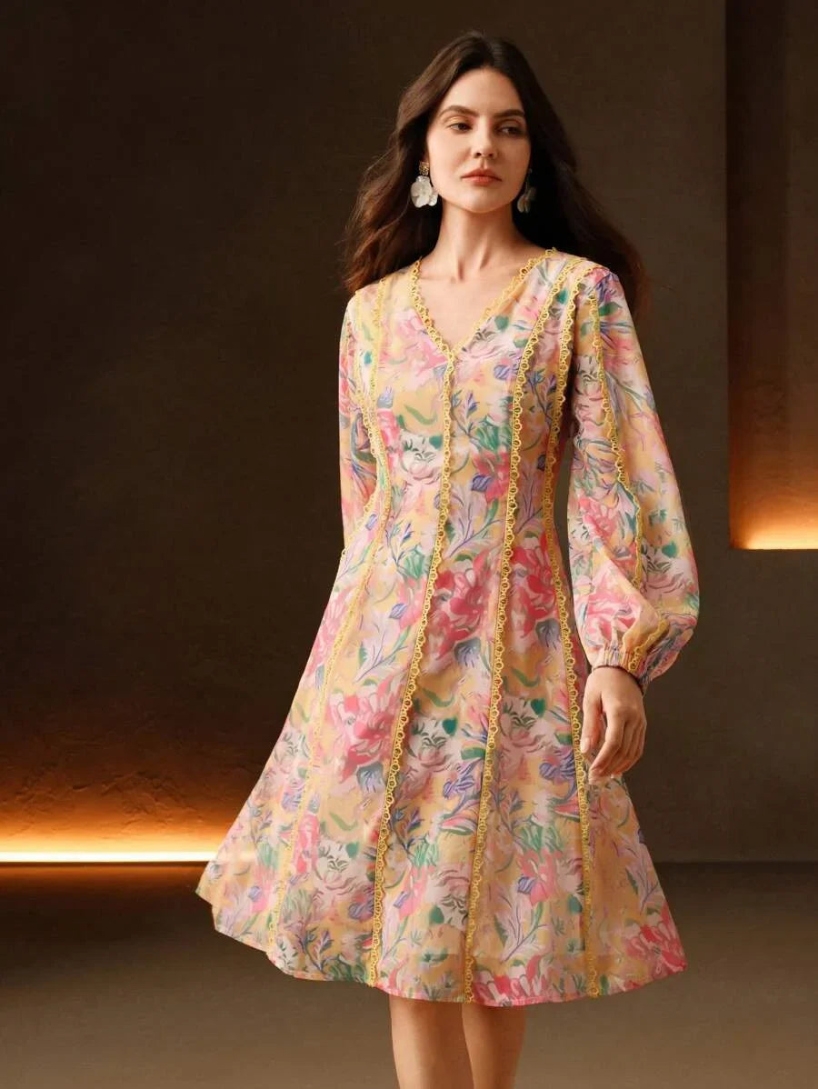 Womens Long Sleeve Floral Print VNeck Elegant Yellow Dress Spring Outfits For Women