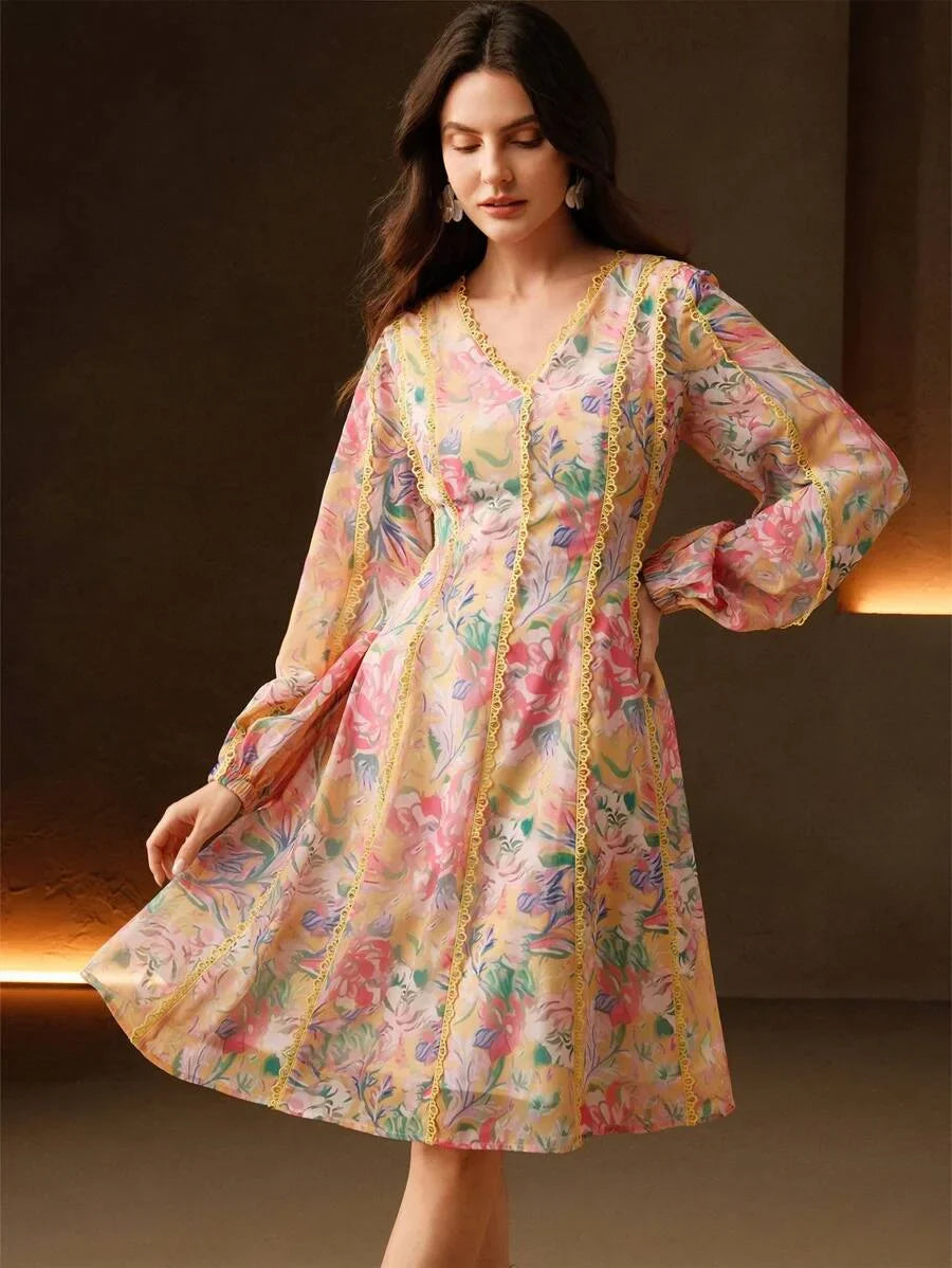 Womens Long Sleeve Floral Print VNeck Elegant Yellow Dress Spring Outfits For Women