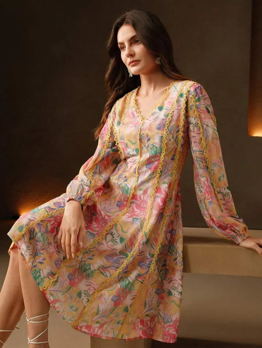 Womens Long Sleeve Floral Print VNeck Elegant Yellow Dress Spring Outfits For Women