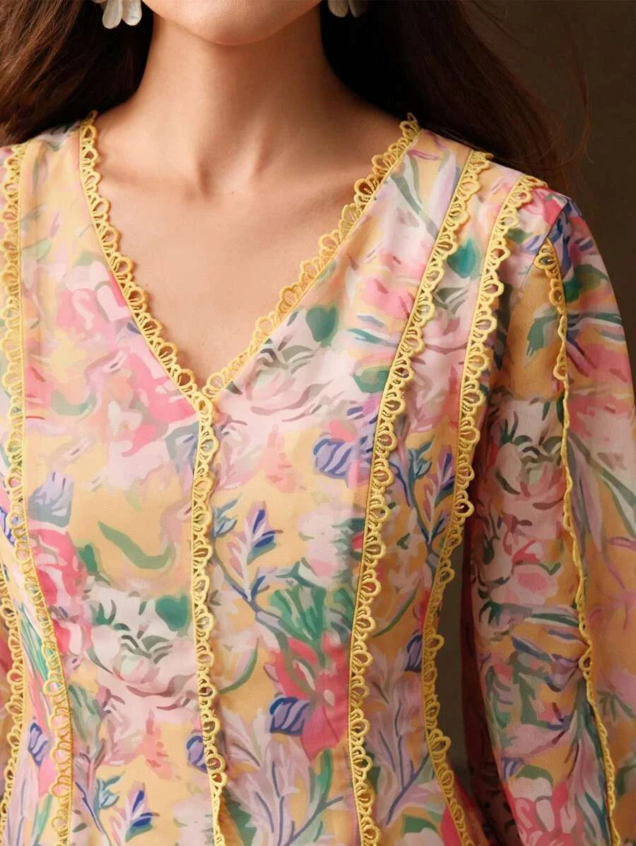 Womens Long Sleeve Floral Print VNeck Elegant Yellow Dress Spring Outfits For Women