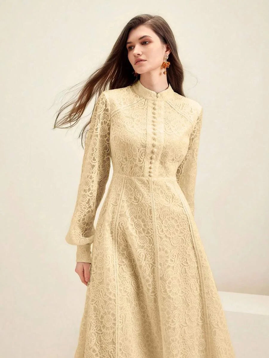 Womens Long Sleeve Lace Solid Color Dress Maxi Women Outfit