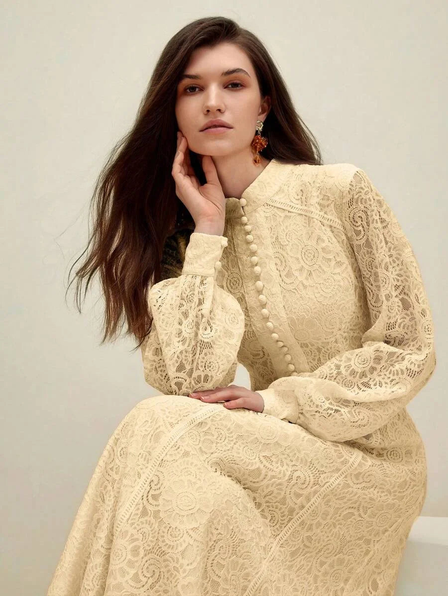 Womens Long Sleeve Lace Solid Color Dress Maxi Women Outfit