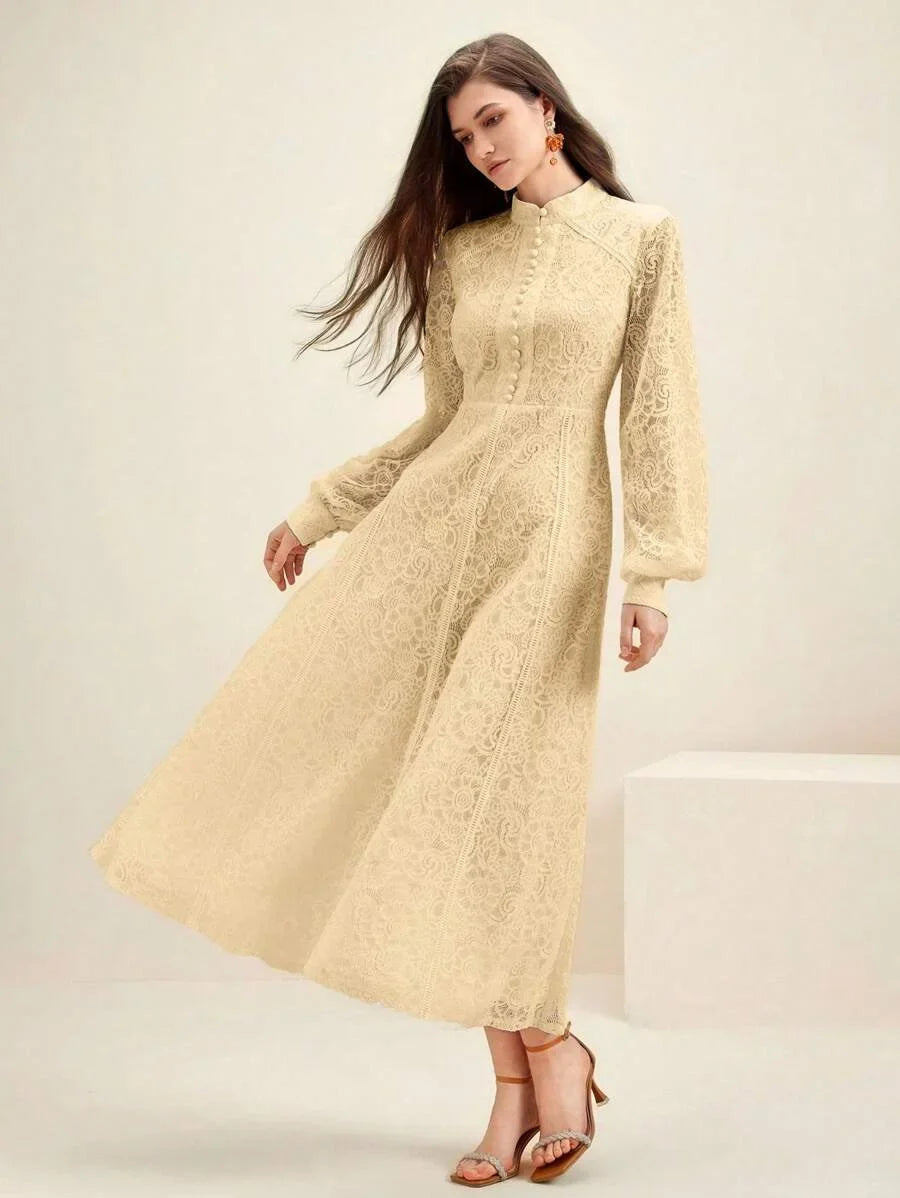 Womens Long Sleeve Lace Solid Color Dress Maxi Women Outfit