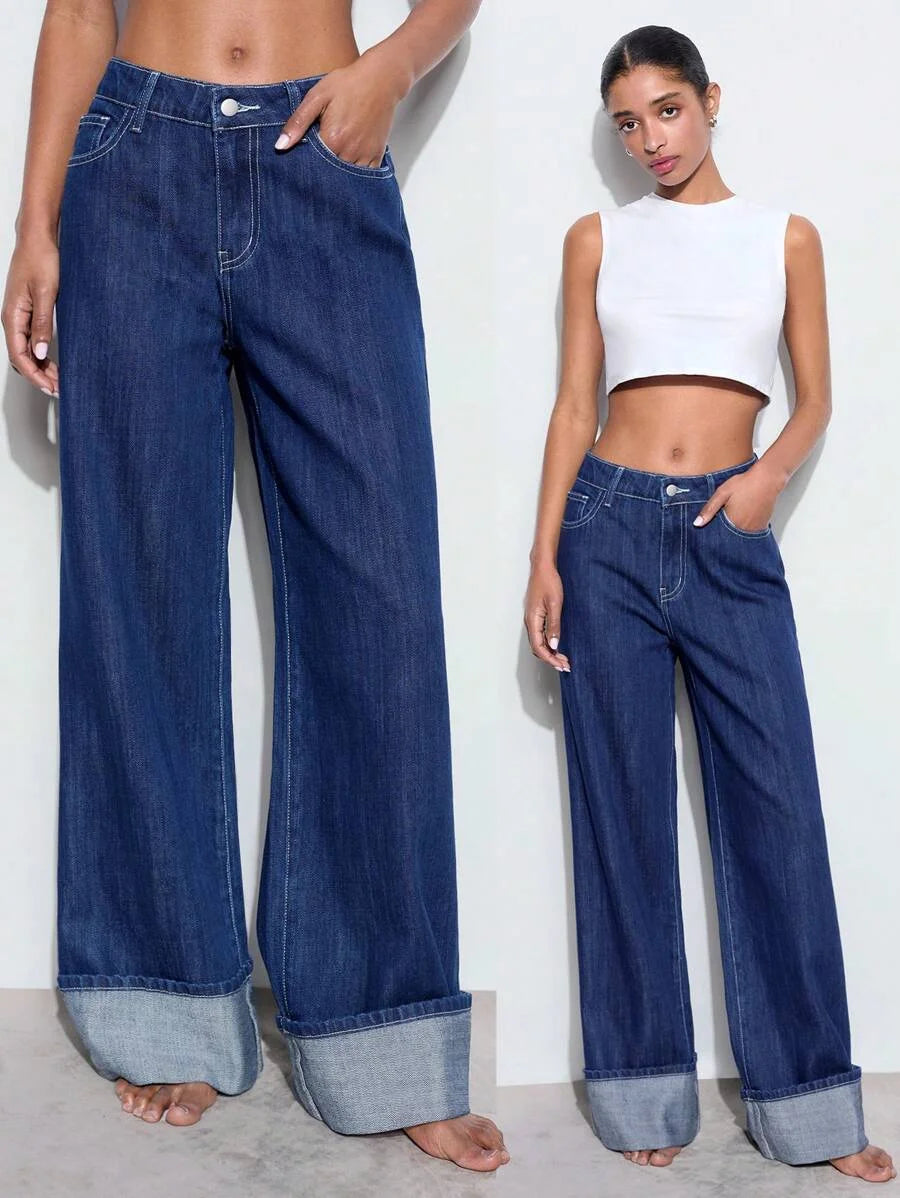 Womens Loose Fit Pocket Design Wide Leg Casual Versatile Jeans